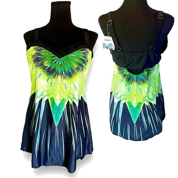 B2PRITY TANKINI Swim Dress Print Tankini Kelly Green & Black S… - Picture 4 of 9